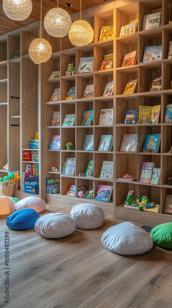 Poster a cozy reading nook with colorful pillows and a large bookshelf filled with books.