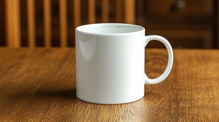 Blank White Coffee Mug on a Wooden Table, Ideal for Branding and Custom Design Use, Perfect for Cafés, Homes, and Office Spaces