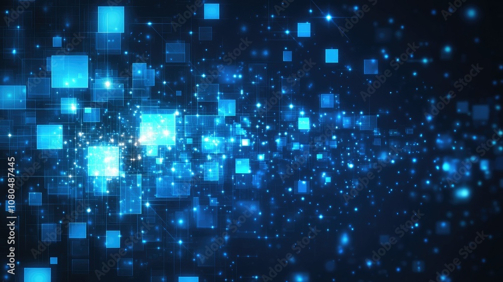 Poster abstract technology background with glowing blue squares and sparkling lights creating a futuristic 