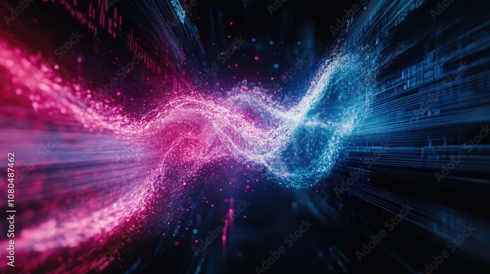 Poster abstract digital waves of light in pink and blue colors representing data flow, technology, and moti