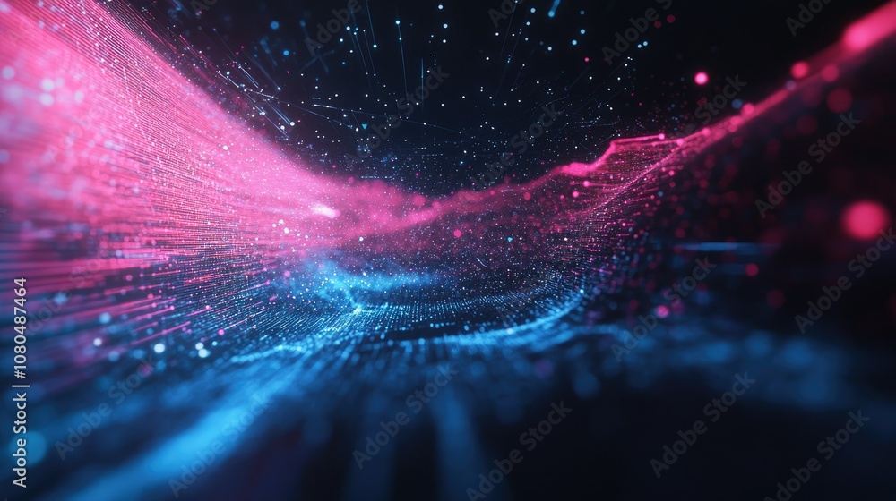 Poster abstract digital wave background with colorful light particles, futuristic data visualization concep