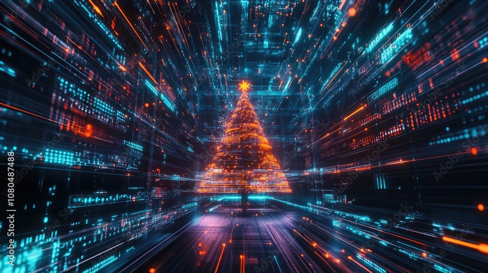 Aufkleber futuristic digital christmas tree in abstract space with bright lights and colorful data streams rep
