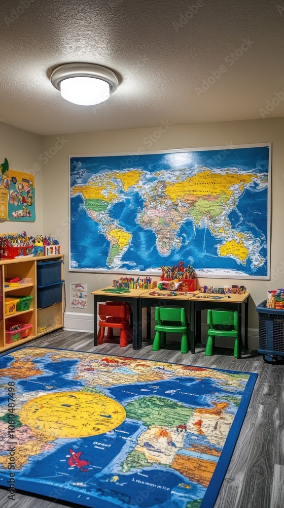 Poster a colorful playroom with a world map on the wall and a rug with a map on the floor.
