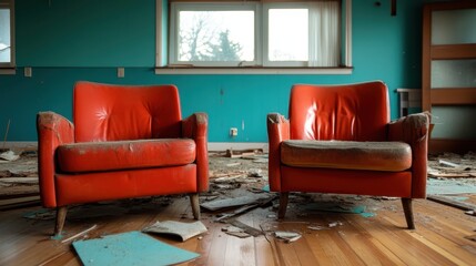 Abandoned room with two red armchairs resting on debris-strewn wooden floors, beneath large windows letting in natural light from outside.