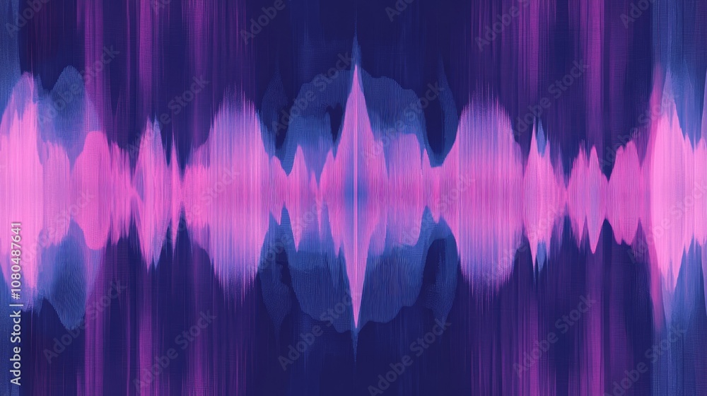 Poster abstract sound waves visualization with vibrant pink and blue colors representing audio frequencies 