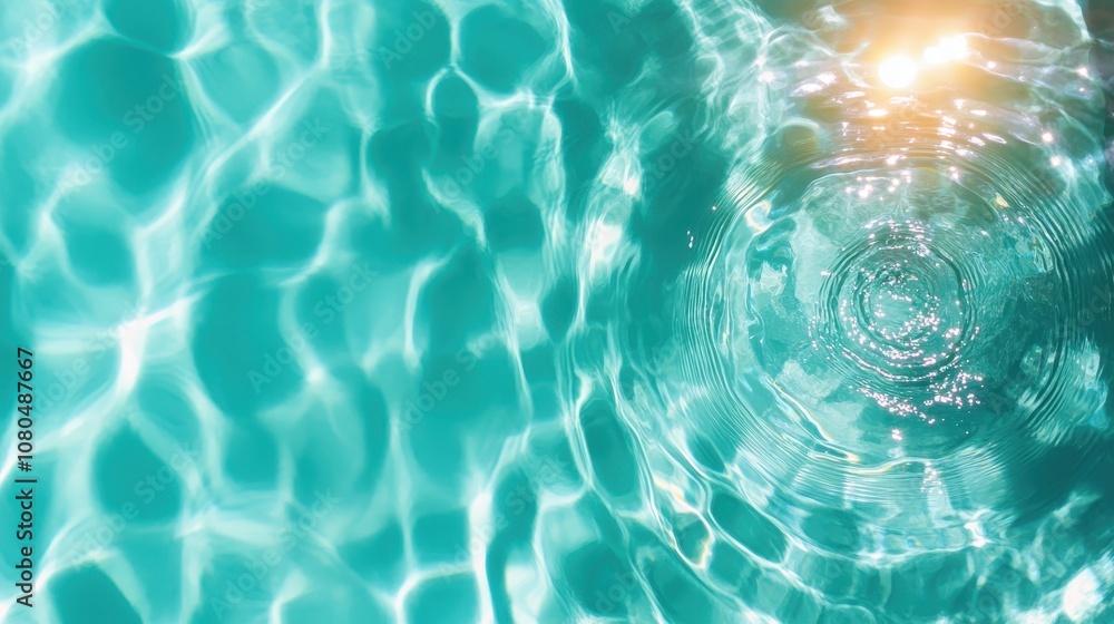 Poster liquid ripples creating mesmerizing patterns on turquoise waters, illuminated by sunlight reflection
