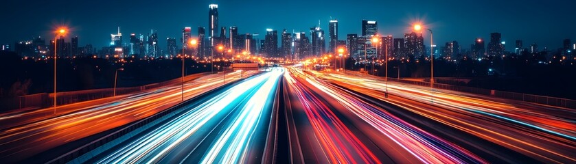 Obraz premium Vibrant Night Cityscape with Bright and Colorful Lights Illuminating the Dynamic Skyline in a Busy Urban Setting