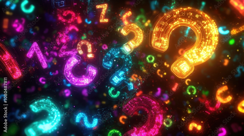 Poster vibrant colorful question mark and number background with a futuristic digital vibe for creative pro