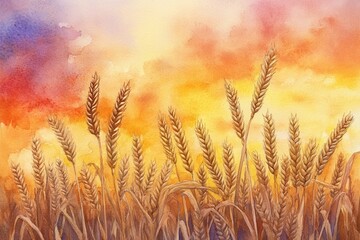 A stunning watercolor painting depicting a wheat field at sunset, showcasing vibrant colors and textured brushstrokes.