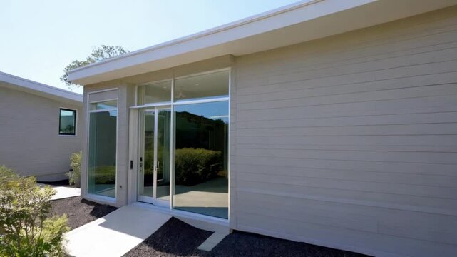 A modern duplex showcasing a sleek design with light gray siding, expansive windows, and a flat roof. The contemporary architecture emphasizes clean lines and an open, airy aesthetic, perfect for 