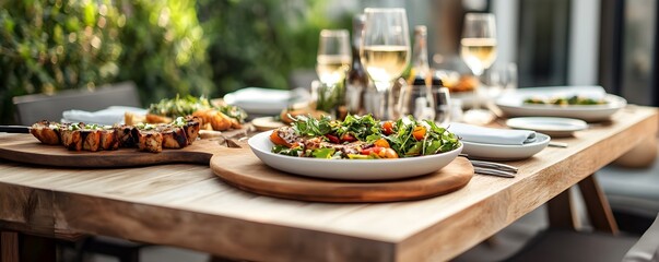 Obraz premium Outdoor social gatherings with friends featuring vibrant meals, including fresh salads and baked dishes on a wooden dining table, ideal for summer celebrations and entertaining.