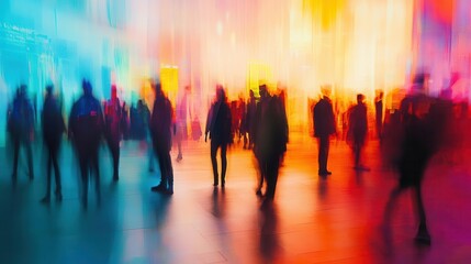 abstract blur of visitors at a bustling trade show expo; vibrant colors and dynamic energy, capturing the essence of business and industry interactions