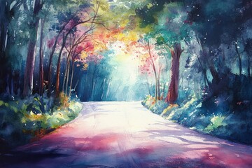 Fototapeta premium A tranquil forest path illuminated by sunlight, surrounded by lush greenery and vibrant colors in a dreamlike watercolor style.