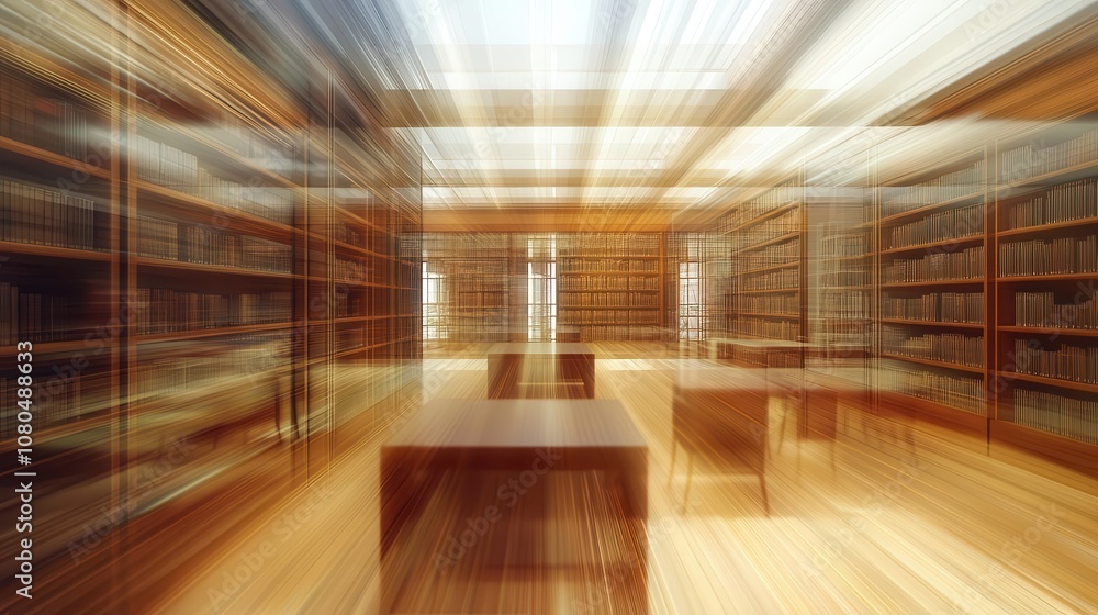 Aufkleber abstract depiction of an empty college library with blurred bookshelves and study spaces, creating a
