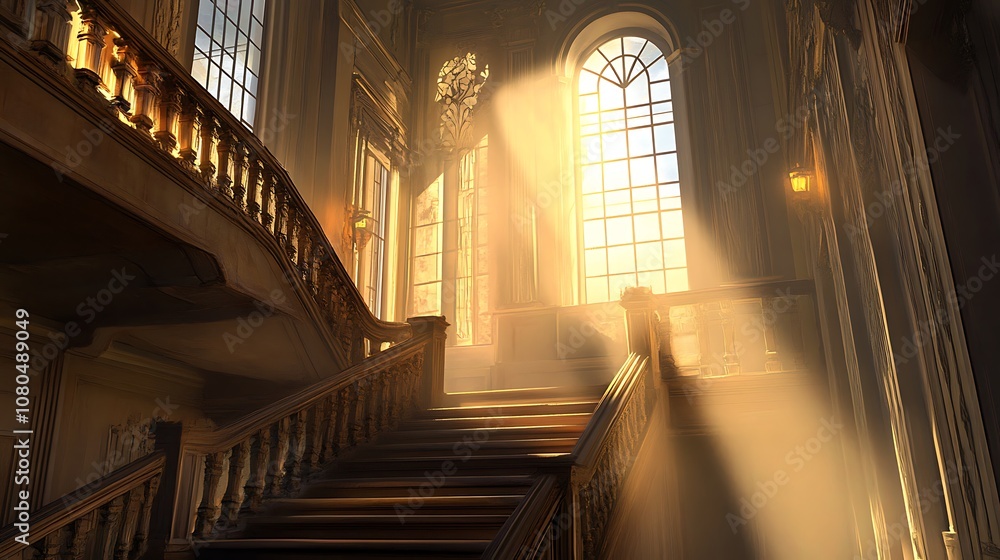 Poster a grand staircase illuminated by sunlight streaming through large windows, creating a warm, inviting