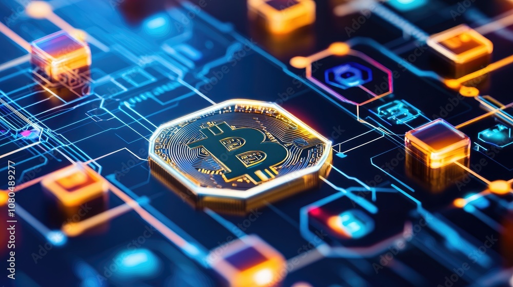 Poster digital representation of cryptocurrency with a focus on bitcoin, showcasing intricate circuit patte
