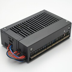 Black computer power supply unit with multiple connectors and cooling vents.