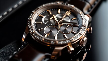 Close-Up of Rose Gold Watch with Diamonds and Leather Strap, Luxury Detail