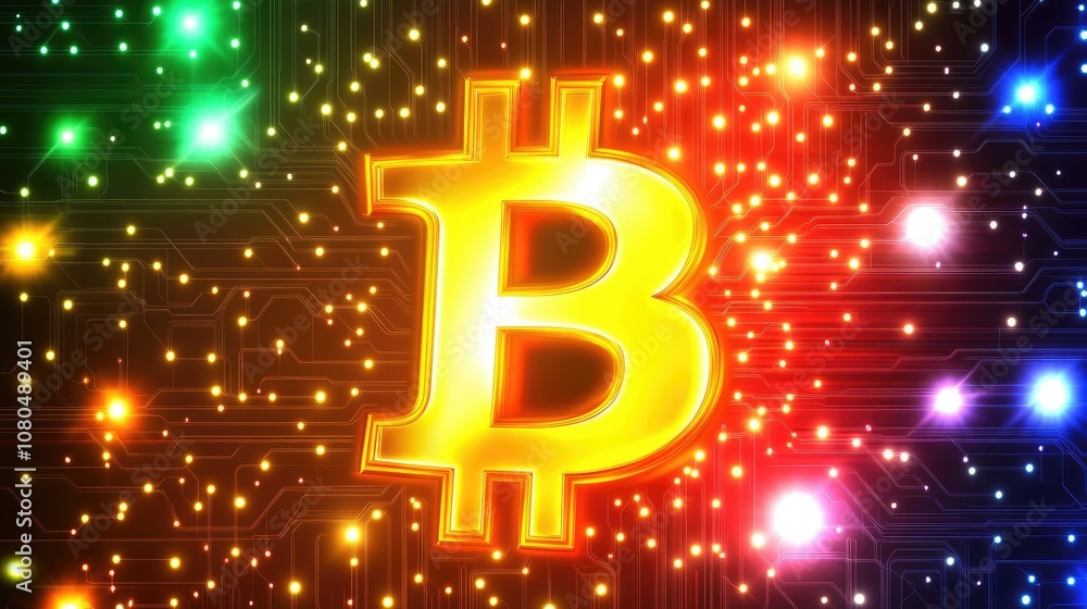 Poster illuminated bitcoin symbol surrounded by colorful lights and digital circuitry representing cryptocu