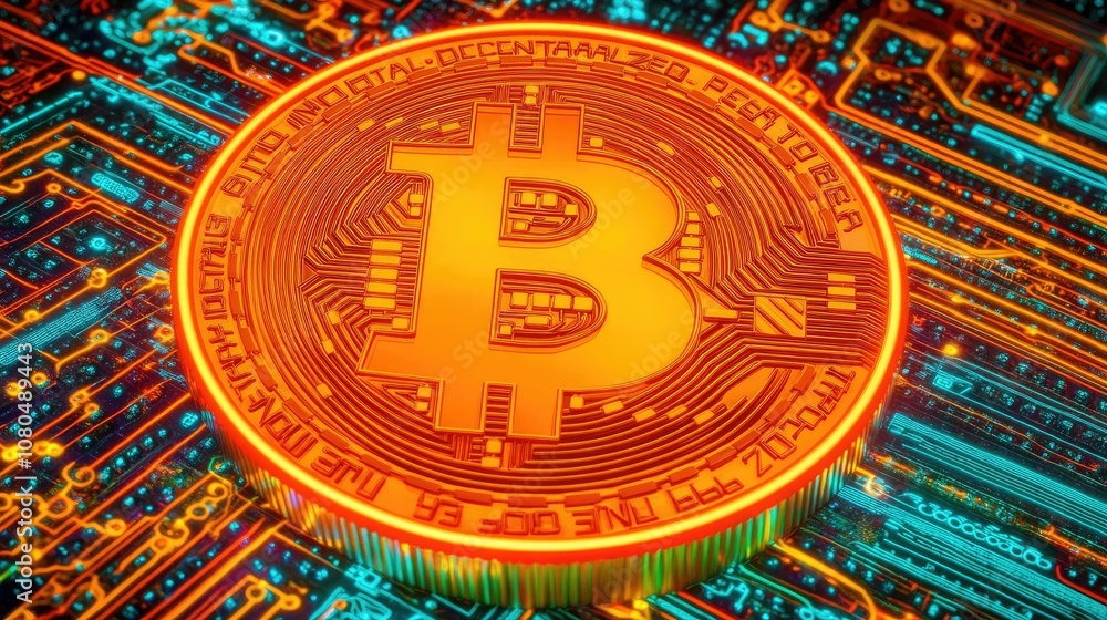 Poster a close-up of a bitcoin on an abstract digital circuit background with bright colors and intricate d