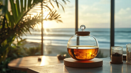 Siphon coffee in a trendy cafe with lush greenery, natural sunlight, sea view by the ocean, vibrant shadow play, organic, modern, chic ambiance