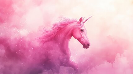 Obraz premium adorable pink unicorn illustrated in a whimsical watercolor style, showcasing vibrant colors and cute features, surrounded by soft clouds and sparkles, perfect for children's art and magical themes