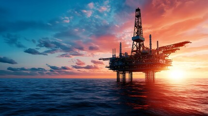 Obraz premium energy stock investment fossil. A striking sunset view of an offshore oil rig, silhouetted against vibrant skies, reflecting the intersection of industry and nature.
