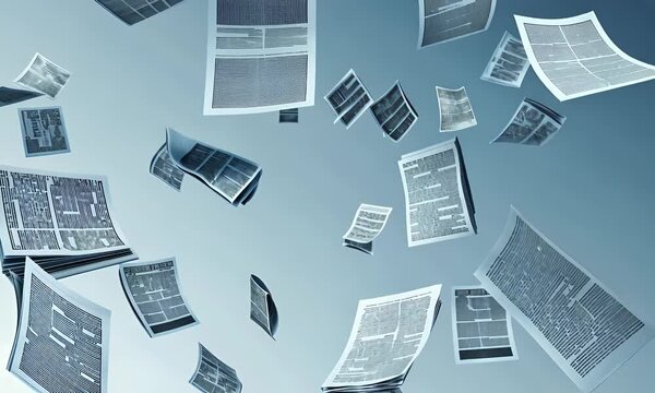 A stack of papers with text on them is floating in mid-air against a light blue background.