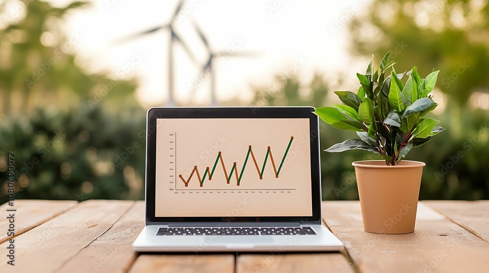 Canvas Prints energy stock investment fossil. a laptop displaying a growth chart, placed on a wooden table with a 