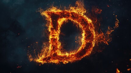 Fiery Letter D in Flames Against a Dark Background, Symbolizing Power and Strength, Perfect for Bold Designs and Creative Projects