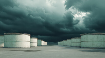 Obraz premium energy stock oil growth. .Large industrial oil storage tanks under dramatic sky