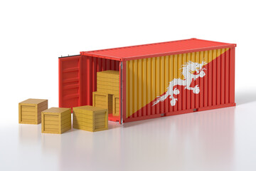 Cargo Container with Open Doors and Bhutan National Flag Design. Wooden Boxes Stack Isolated on White Background. 3d Rendering