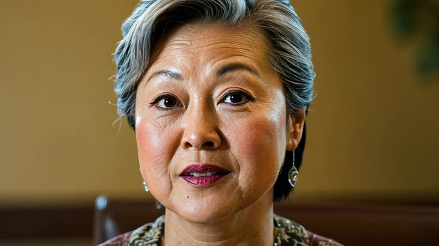 Elderly Asian woman in a patterned blouse, symbolizing wisdom and dignity concepts: respect, heritage