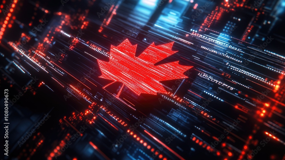 Poster digital rendering of a glowing red maple leaf against a futuristic background representing canadian 