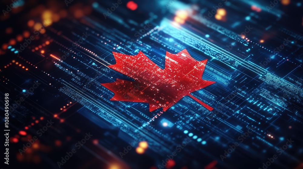 Poster digital abstract representation of canada with red maple leaf overlaid on a futuristic technology ba