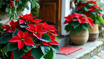 Vibrant poinsettia plants in decorative pots enhance festive atmosphere