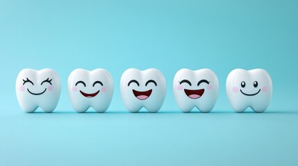 Obraz premium Cheerful Cartoon Teeth Characters with Different Expressions on a Light Blue Background Representing Dental Health and Happiness