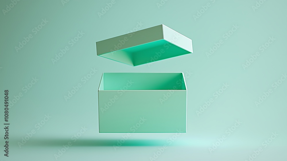 Poster minimalist open mint box hovering above a soft mint background, perfect for product displays, packag