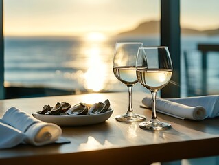 夕日を眺めながら楽しむ白ワインとオイスター | White Wine and Oysters with Sunset Ocean View