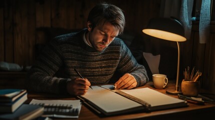 A focused man sits at a wooden desk, jotting down notes in a notebook. The warm light from a lamp casts a cozy glow, enhancing the evening atmosphere filled with books.