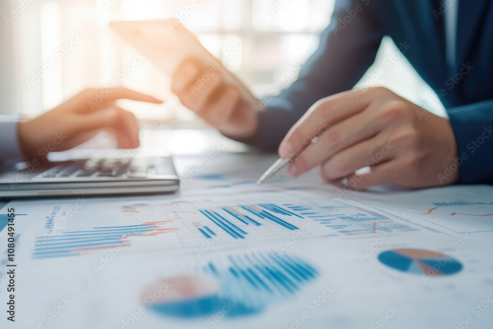 Poster team collaboration analyzing financial data and marketing growth using ai for strategic planning and