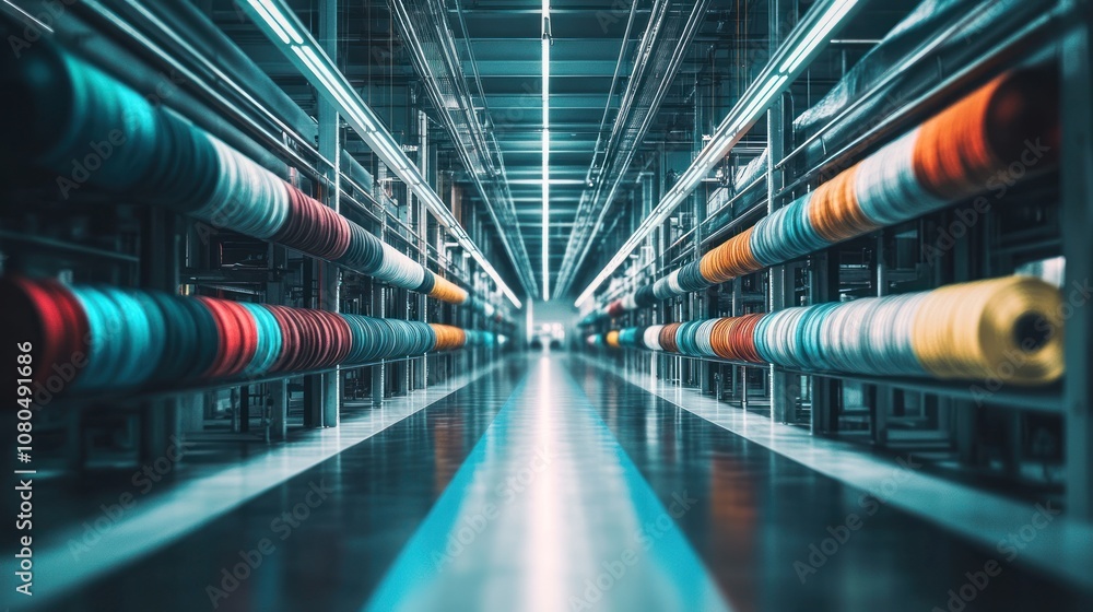 Poster a perspective view of a textile factory aisle lined with colorful spools of thread.