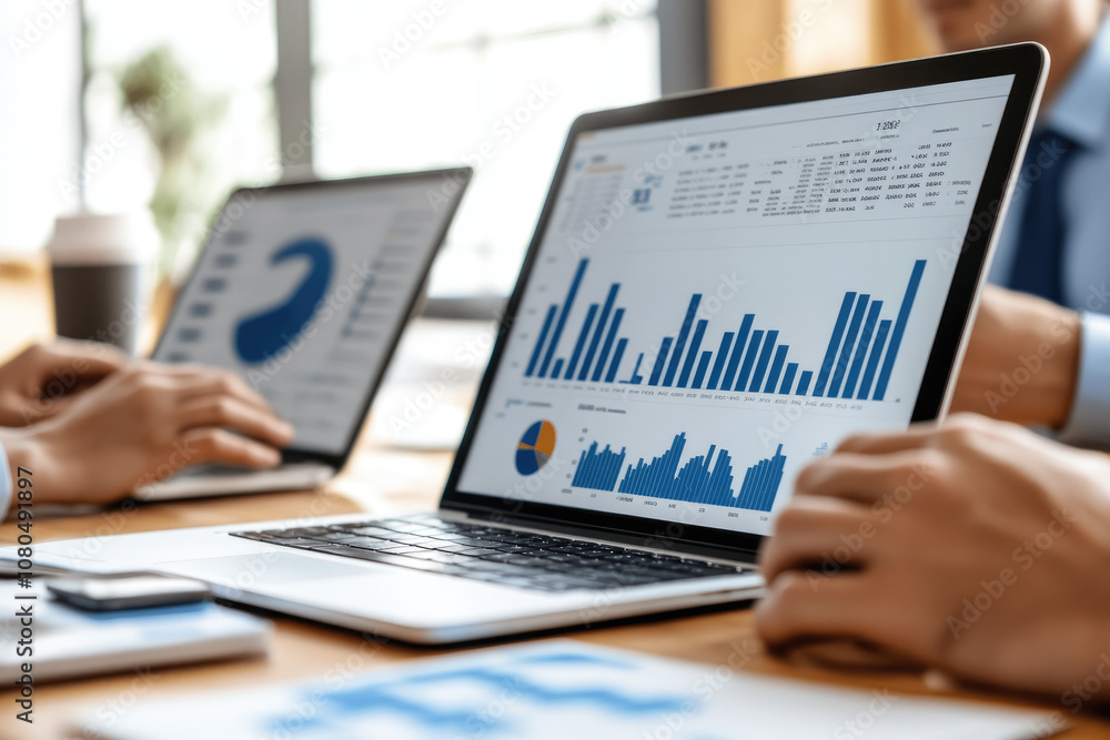Poster business analysts collaborating on financial data, two professionals analyzing metrics and insights 