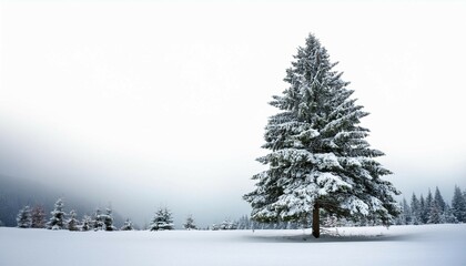 Fototapeta premium snow covered evergreen tree standing alone in winter landscape isolated on white background