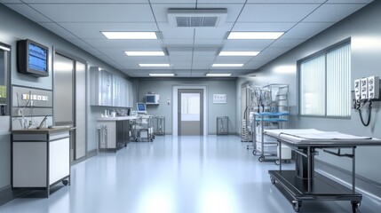 A clean, modern hospital corridor with medical equipment and facilities.