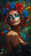 Fototapeta premium A woman celebrates Day of the Dead with colorful face paint