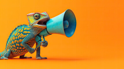 An orange background and a vibrant chameleon appear to shout into a megaphone in this creative concept --ar 16:9 --style raw --stylize 250 --v 6.1 Job ID: fa7ef259-b2d4-4ca0-8db7-7b991e485bac