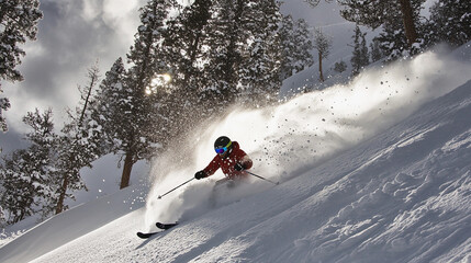 Skiing in fresh powder among towering pine trees at sunrise