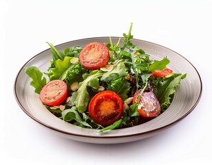fresh garden salad with mixed greens and tomatoes isolated on white background