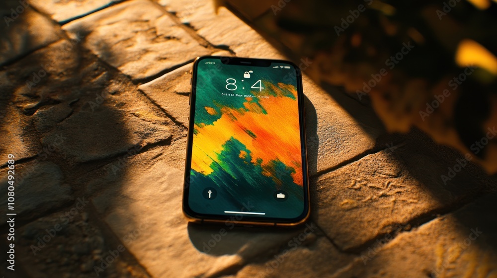 Poster a smartphone displaying a colorful abstract wallpaper on a textured surface.
